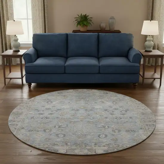 8' Sky Blue And Ivory Oriental Washable Round Rug With UV Protection Photo 2