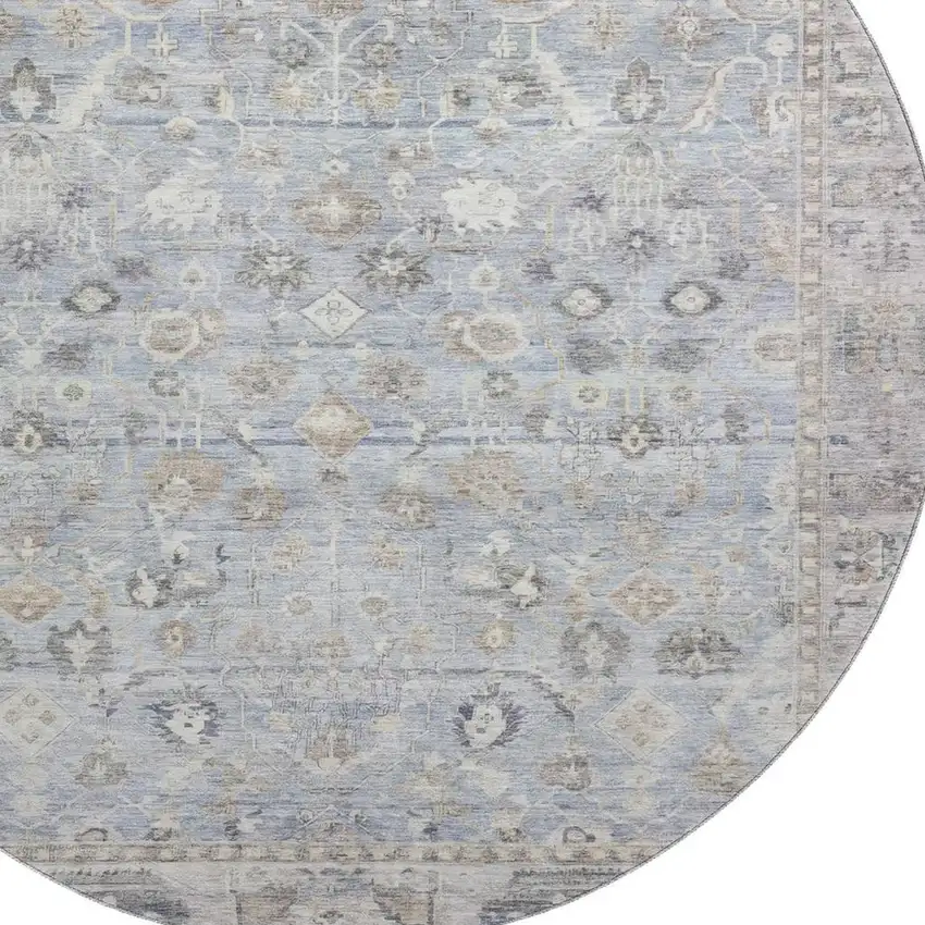 8' Sky Blue And Ivory Oriental Washable Round Rug With UV Protection Photo 2