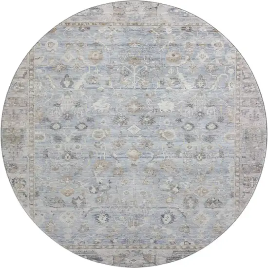 8' Sky Blue And Ivory Oriental Washable Round Rug With UV Protection Photo 1