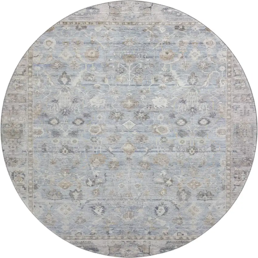 8' Sky Blue And Ivory Oriental Washable Round Rug With UV Protection Photo 1