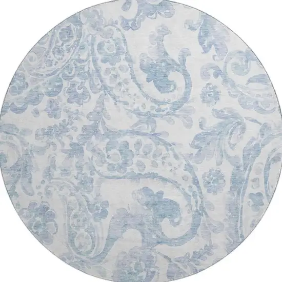 8' Sky Blue And Ivory Paisley Washable Round Rug With UV Protection Photo 4