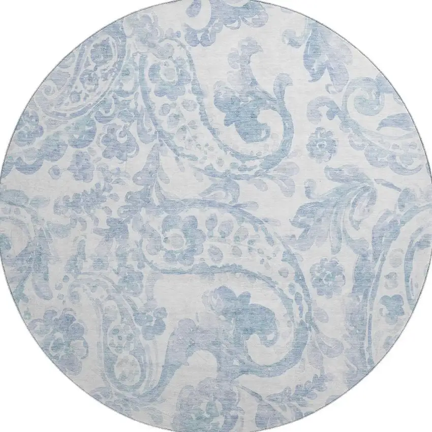 8' Sky Blue And Ivory Paisley Washable Round Rug With UV Protection Photo 4