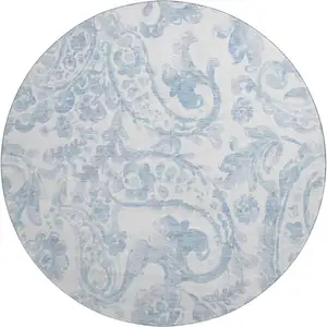 Photo of 8' Sky Blue And Ivory Paisley Washable Round Rug With UV Protection