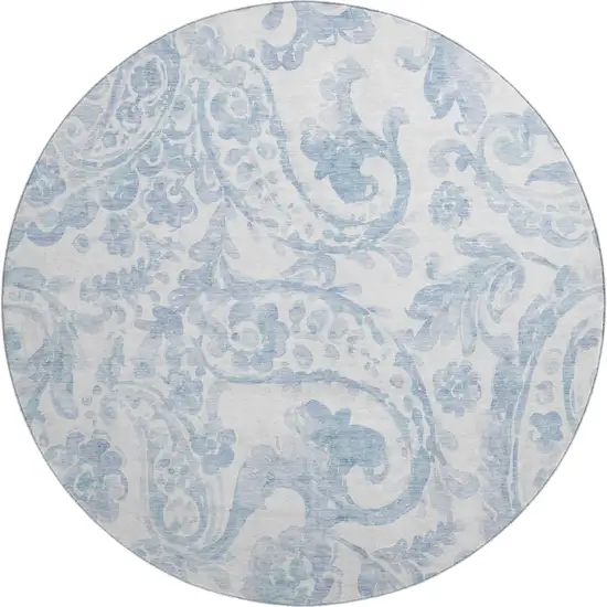 8' Sky Blue And Ivory Paisley Washable Round Rug With UV Protection Photo 1