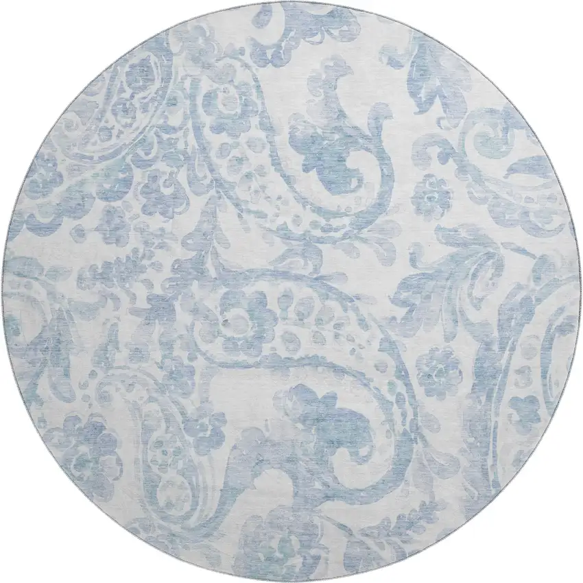 8' Sky Blue And Ivory Paisley Washable Round Rug With UV Protection Photo 1