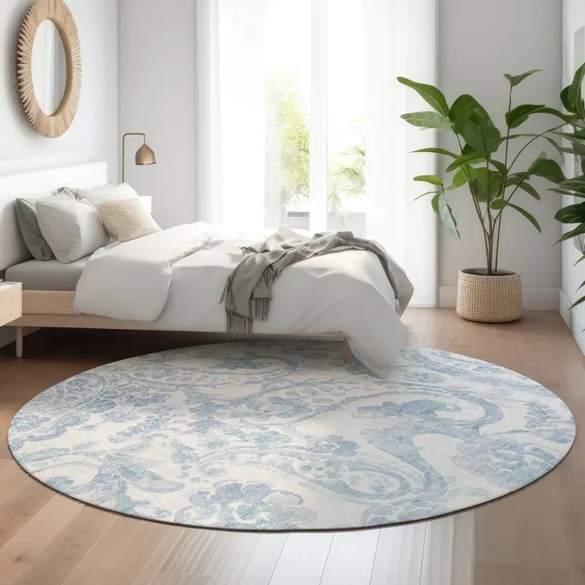 8' Sky Blue And Ivory Paisley Washable Round Rug With UV Protection Photo 5