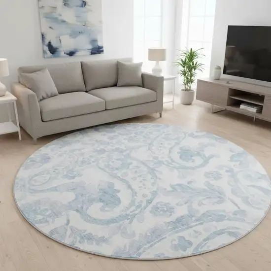 8' Sky Blue And Ivory Paisley Washable Round Rug With UV Protection Photo 2