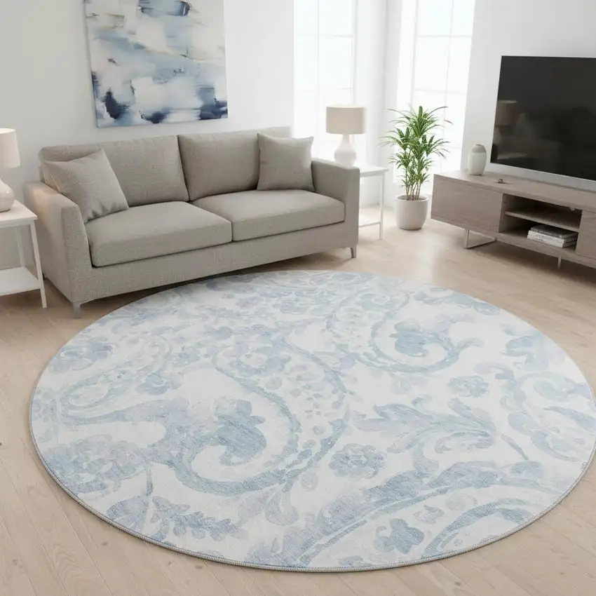 8' Sky Blue And Ivory Paisley Washable Round Rug With UV Protection Photo 2