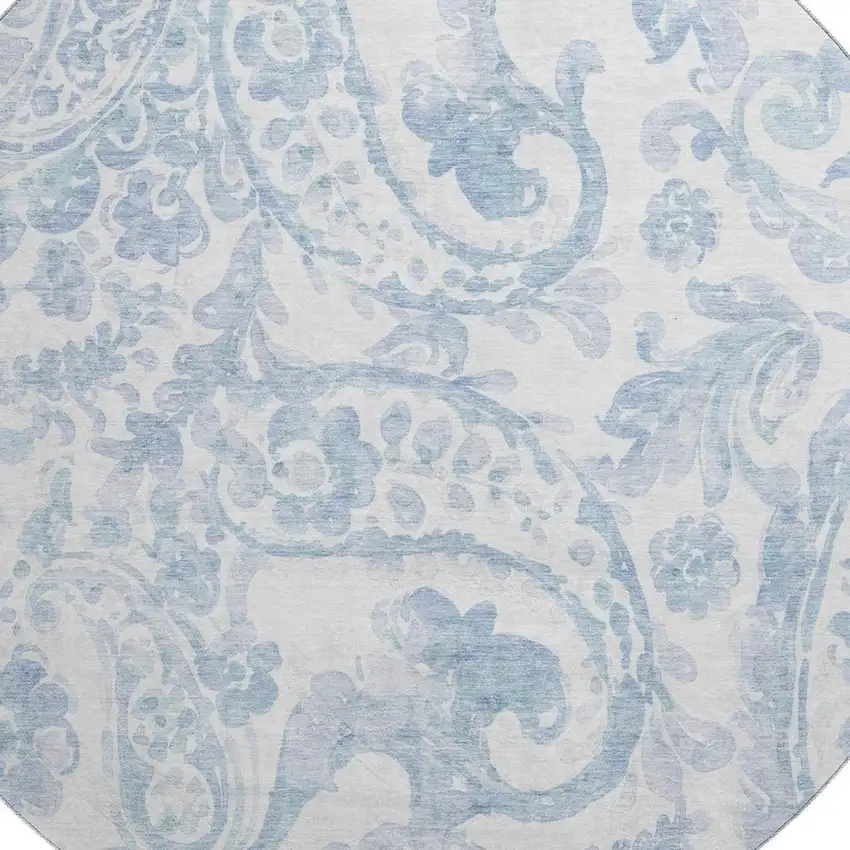8' Sky Blue And Ivory Paisley Washable Round Rug With UV Protection Photo 3