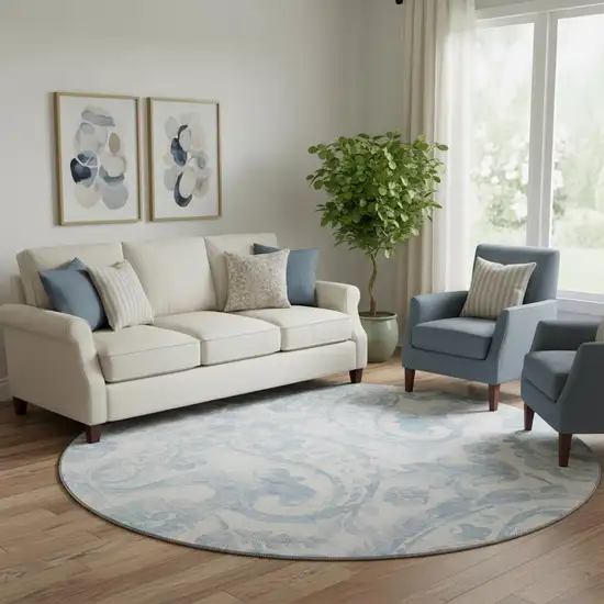 8' Sky Blue And Ivory Paisley Washable Round Rug With UV Protection Photo 1