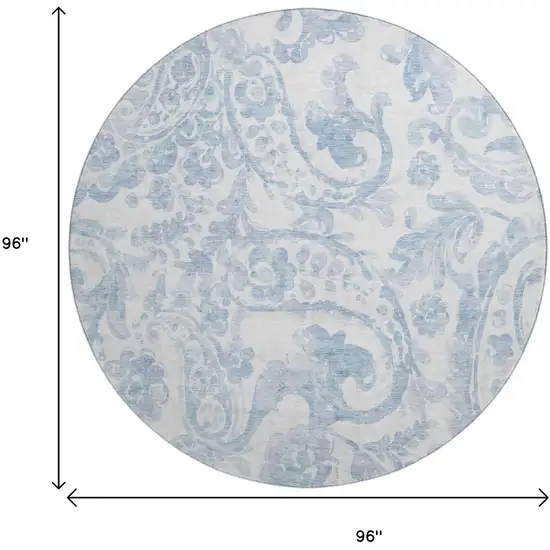 8' Sky Blue And Ivory Paisley Washable Round Rug With UV Protection Photo 3
