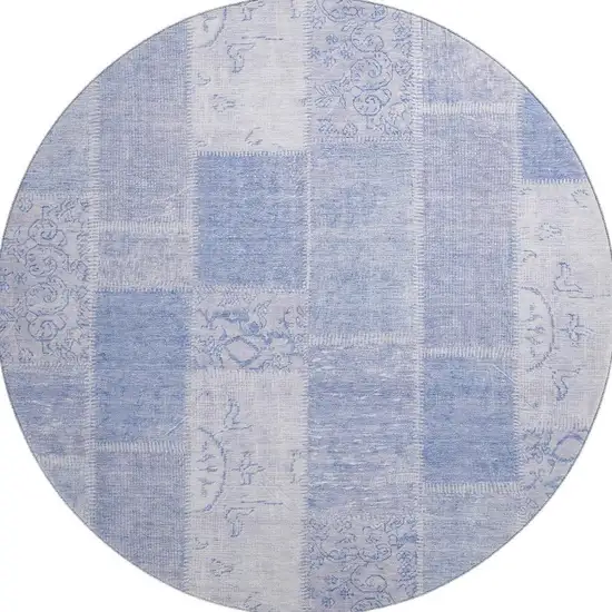 8' Sky Blue And Ivory Patchwork Washable Round Rug With UV Protection Photo 3