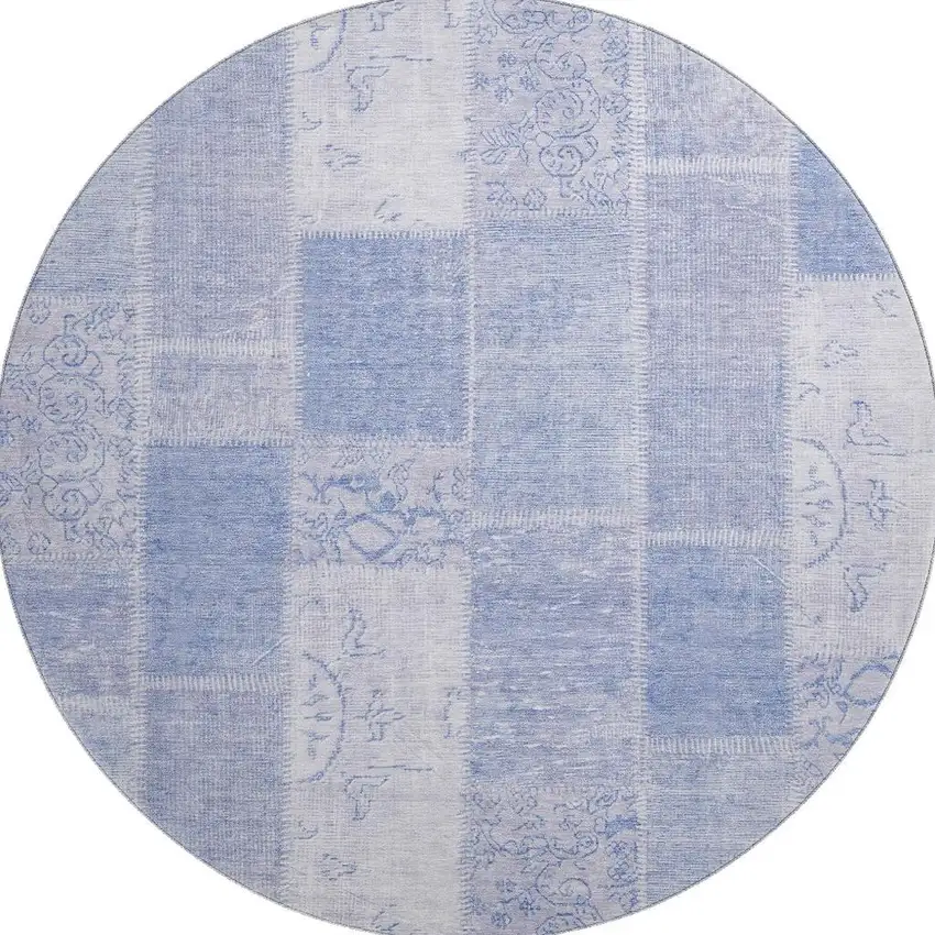 8' Sky Blue And Ivory Patchwork Washable Round Rug With UV Protection Photo 3