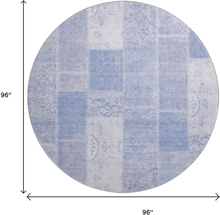 8' Sky Blue And Ivory Patchwork Washable Round Rug With UV Protection Photo 9