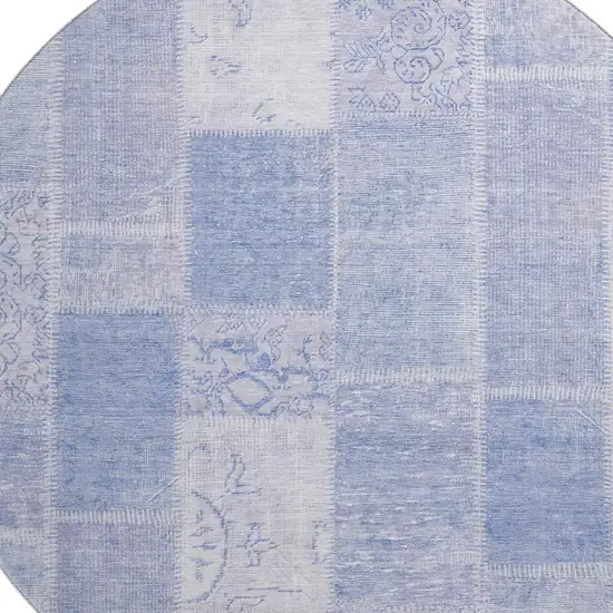 8' Sky Blue And Ivory Patchwork Washable Round Rug With UV Protection Photo 2