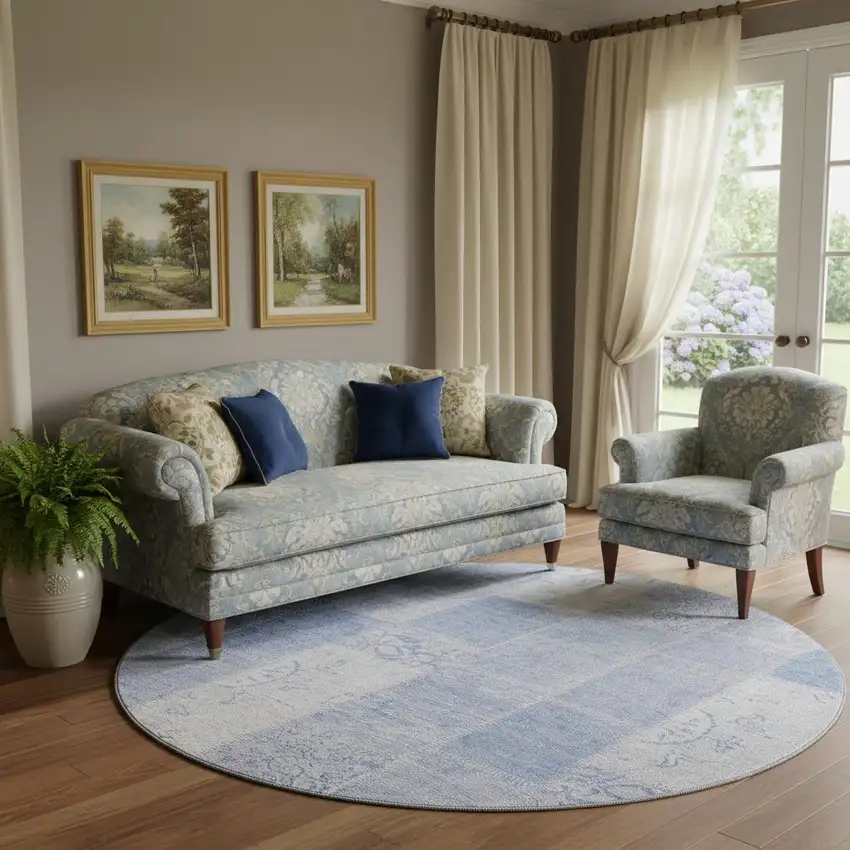 8' Sky Blue And Ivory Patchwork Washable Round Rug With UV Protection Photo 1