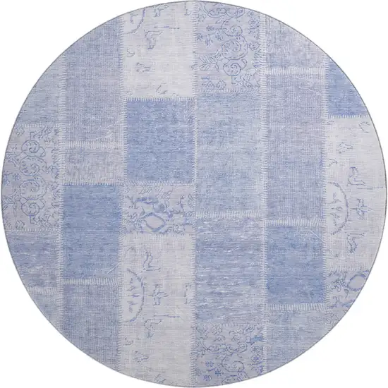 8' Sky Blue And Ivory Patchwork Washable Round Rug With UV Protection Photo 1
