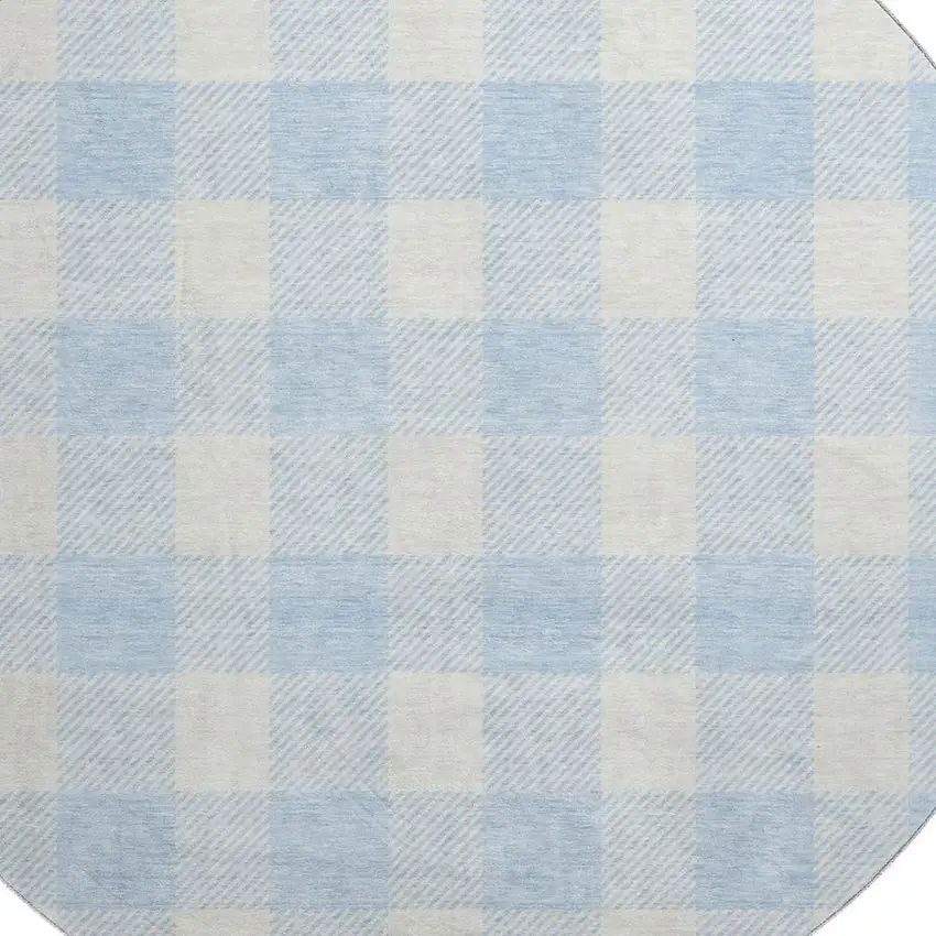 8' Sky Blue And Ivory Plaid Washable Round Rug With UV Protection Photo 2