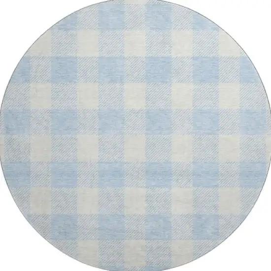 8' Sky Blue And Ivory Plaid Washable Round Rug With UV Protection Photo 3