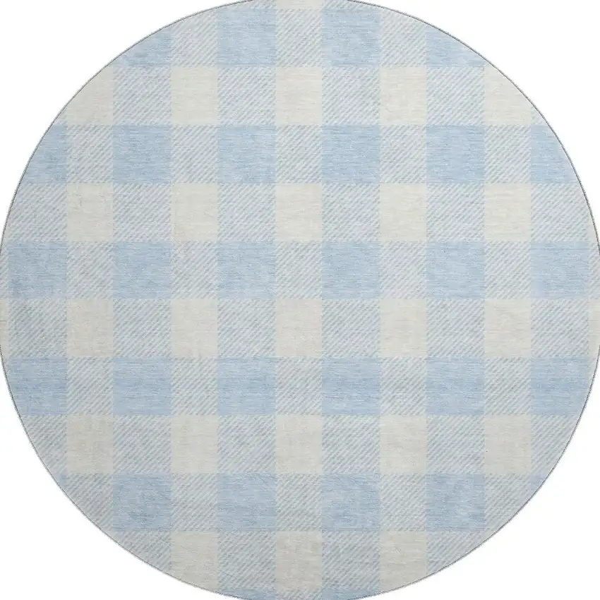 8' Sky Blue And Ivory Plaid Washable Round Rug With UV Protection Photo 3