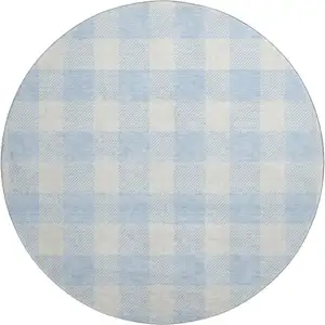 Photo of 8' Sky Blue And Ivory Plaid Washable Round Rug With UV Protection