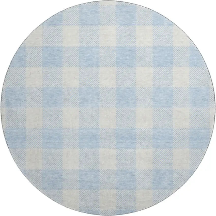 8' Sky Blue And Ivory Plaid Washable Round Rug With UV Protection Photo 1