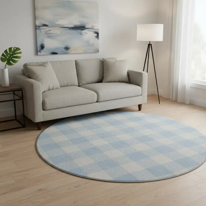 8' Sky Blue And Ivory Plaid Washable Round Rug With UV Protection Photo 2