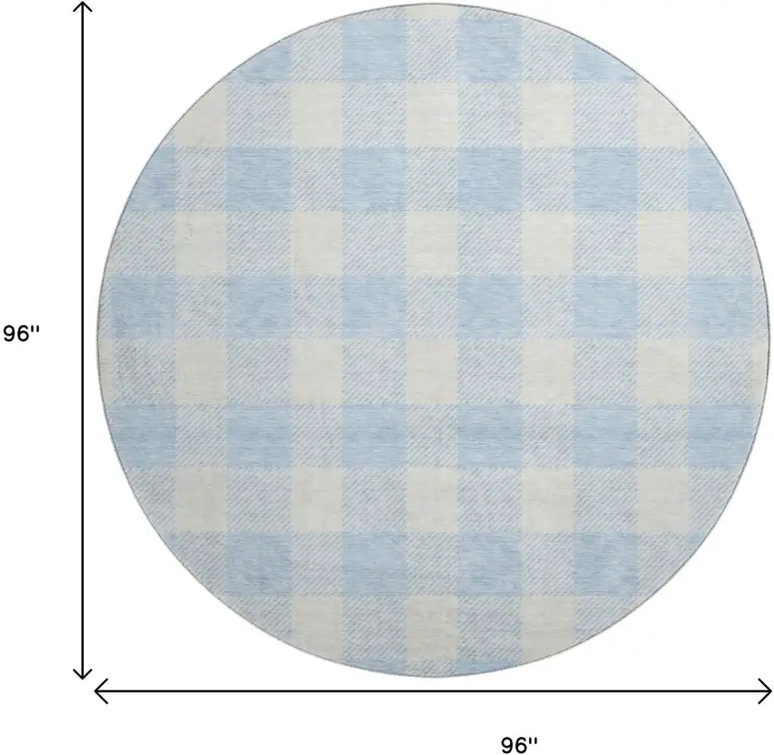 8' Sky Blue And Ivory Plaid Washable Round Rug With UV Protection Photo 9