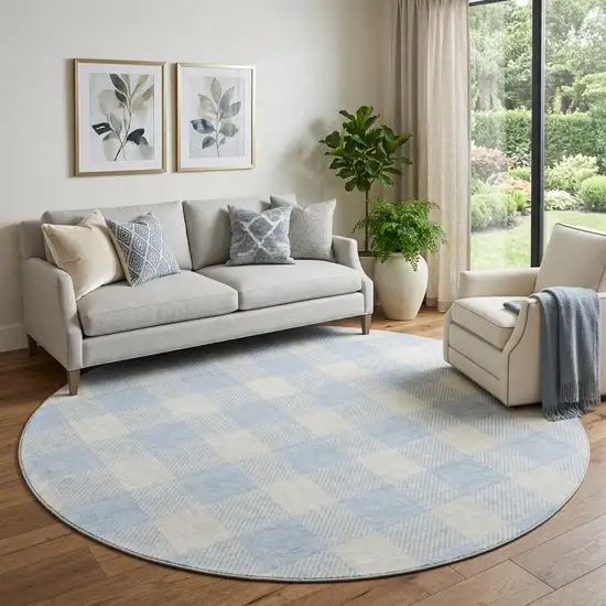 8' Sky Blue And Ivory Plaid Washable Round Rug With UV Protection Photo 1
