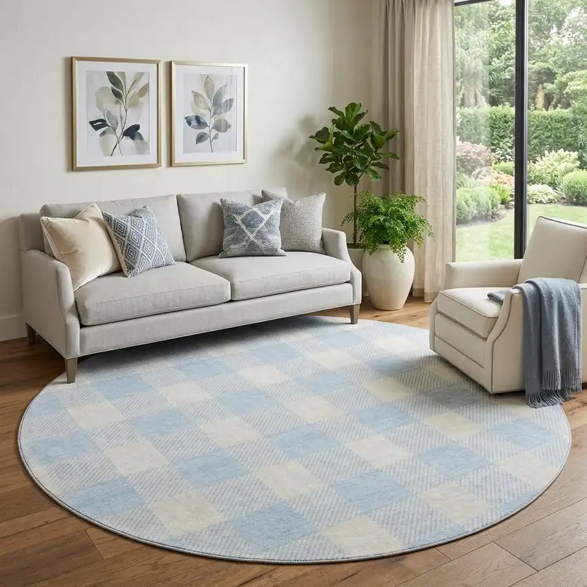 8' Sky Blue And Ivory Plaid Washable Round Rug With UV Protection Photo 1