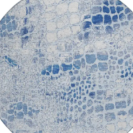 8' Sky Blue And Ivory Round Abstract Washable Indoor Outdoor Area Rug Photo 4
