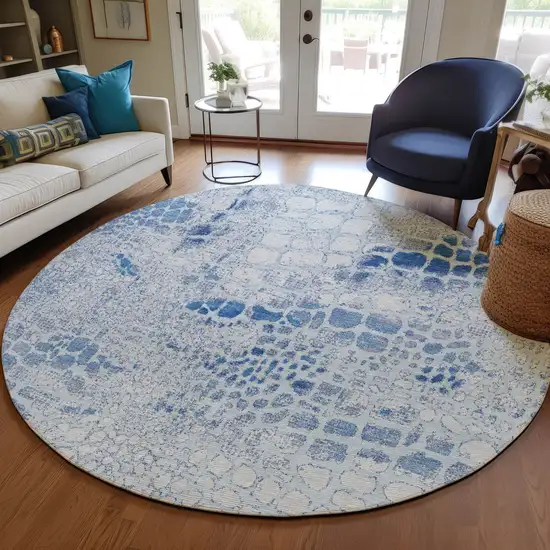 8' Sky Blue And Ivory Round Abstract Washable Indoor Outdoor Area Rug Photo 7