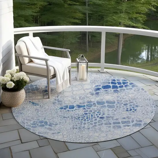 8' Sky Blue And Ivory Round Abstract Washable Indoor Outdoor Area Rug Photo 6