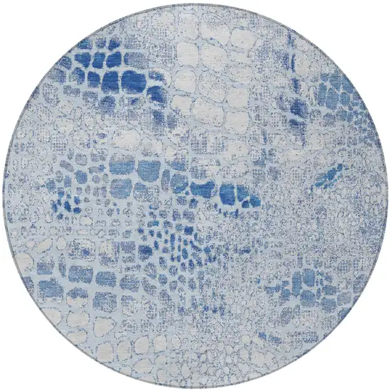 8' Sky Blue And Ivory Round Abstract Washable Indoor Outdoor Area Rug Photo 5