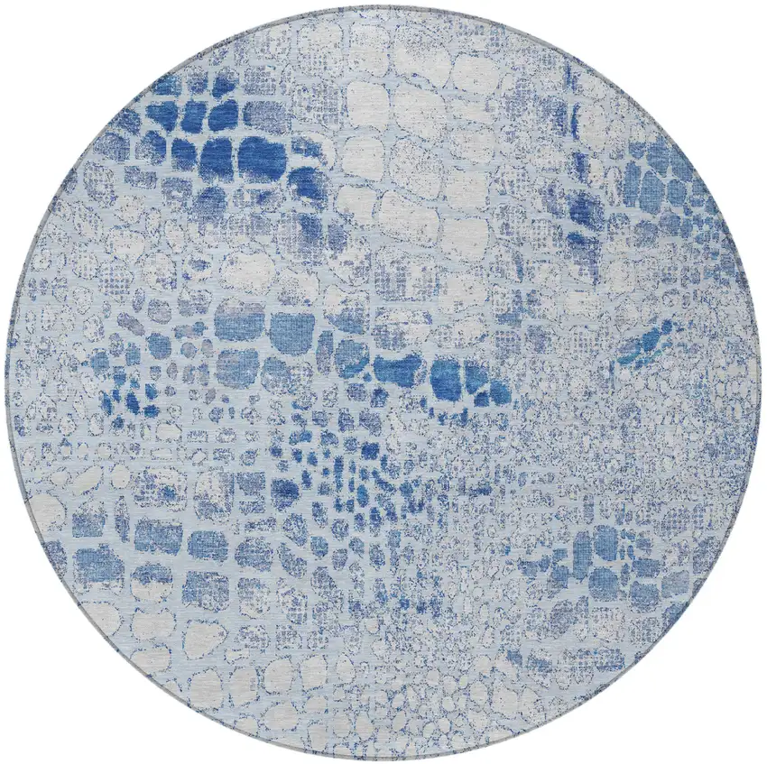 8' Sky Blue And Ivory Round Abstract Washable Indoor Outdoor Area Rug Photo 5