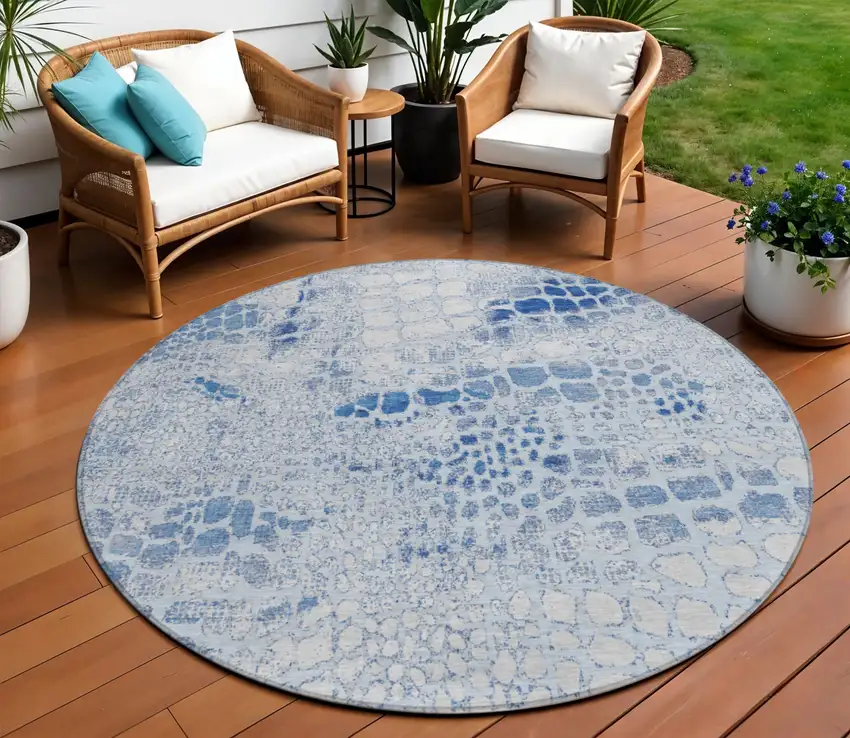 8' Sky Blue And Ivory Round Abstract Washable Indoor Outdoor Area Rug Photo 1