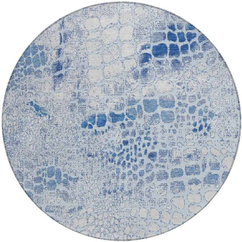 8' Sky Blue And Ivory Round Abstract Washable Indoor Outdoor Area Rug Photo 2
