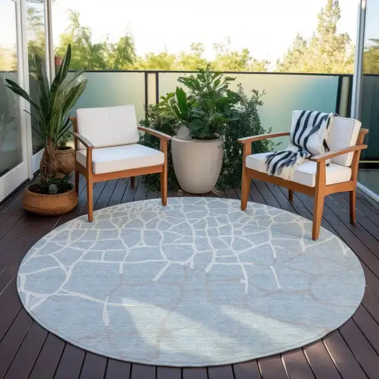 8' Sky Blue And Ivory Round Abstract Washable Indoor Outdoor Area Rug Photo 7