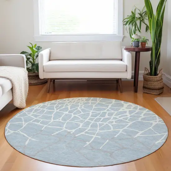 8' Sky Blue And Ivory Round Abstract Washable Indoor Outdoor Area Rug Photo 8