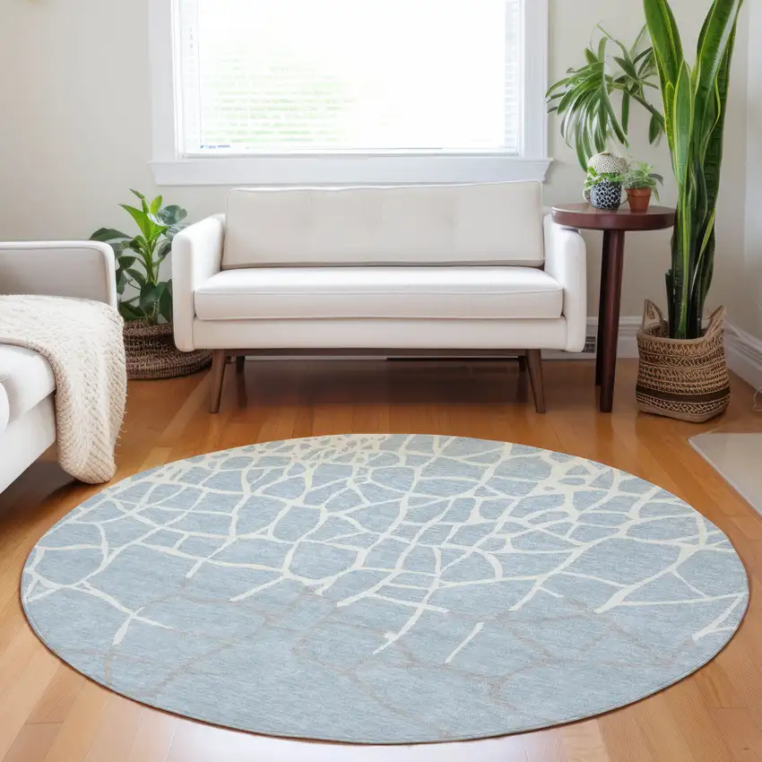 8' Sky Blue And Ivory Round Abstract Washable Indoor Outdoor Area Rug Photo 8