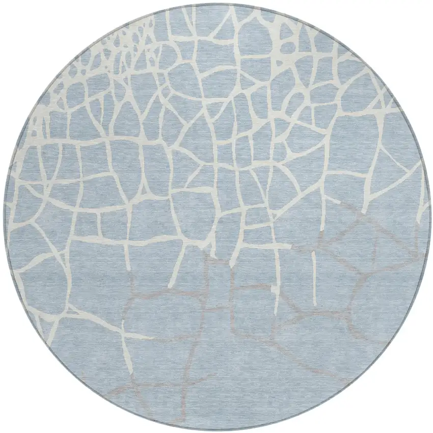 8' Sky Blue And Ivory Round Abstract Washable Indoor Outdoor Area Rug Photo 2