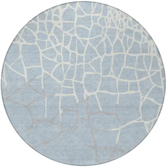 8' Sky Blue And Ivory Round Abstract Washable Indoor Outdoor Area Rug Photo 6