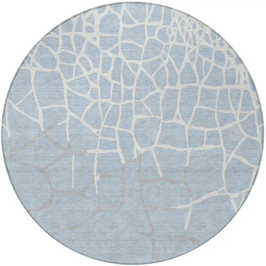 8' Sky Blue And Ivory Round Abstract Washable Indoor Outdoor Area Rug Photo 6