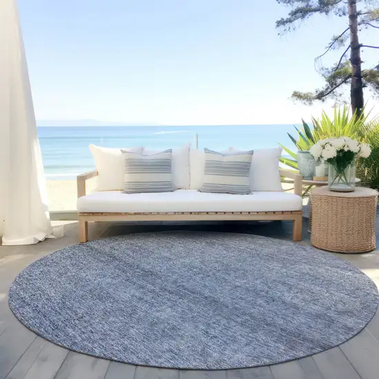 8' Sky Blue And Ivory Round Abstract Washable Indoor Outdoor Area Rug Photo 6