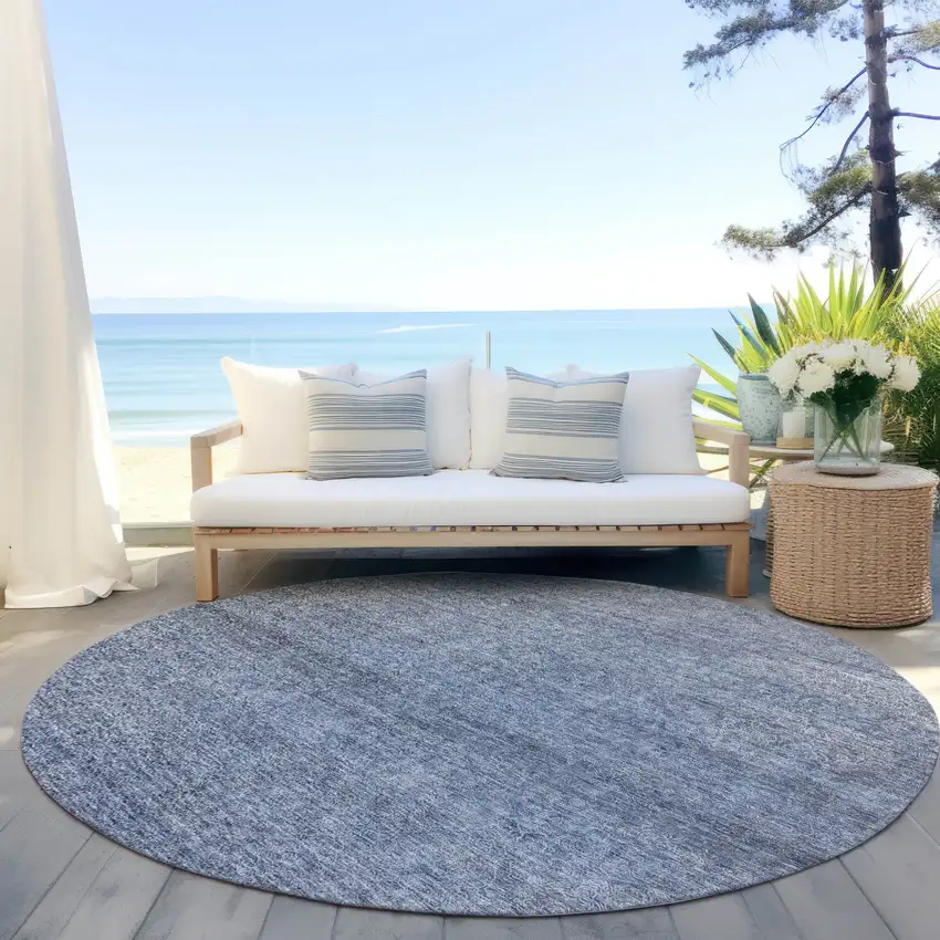 8' Sky Blue And Ivory Round Abstract Washable Indoor Outdoor Area Rug Photo 6