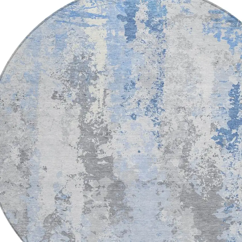 8' Sky Blue And Ivory Round Abstract Washable Indoor Outdoor Area Rug Photo 4