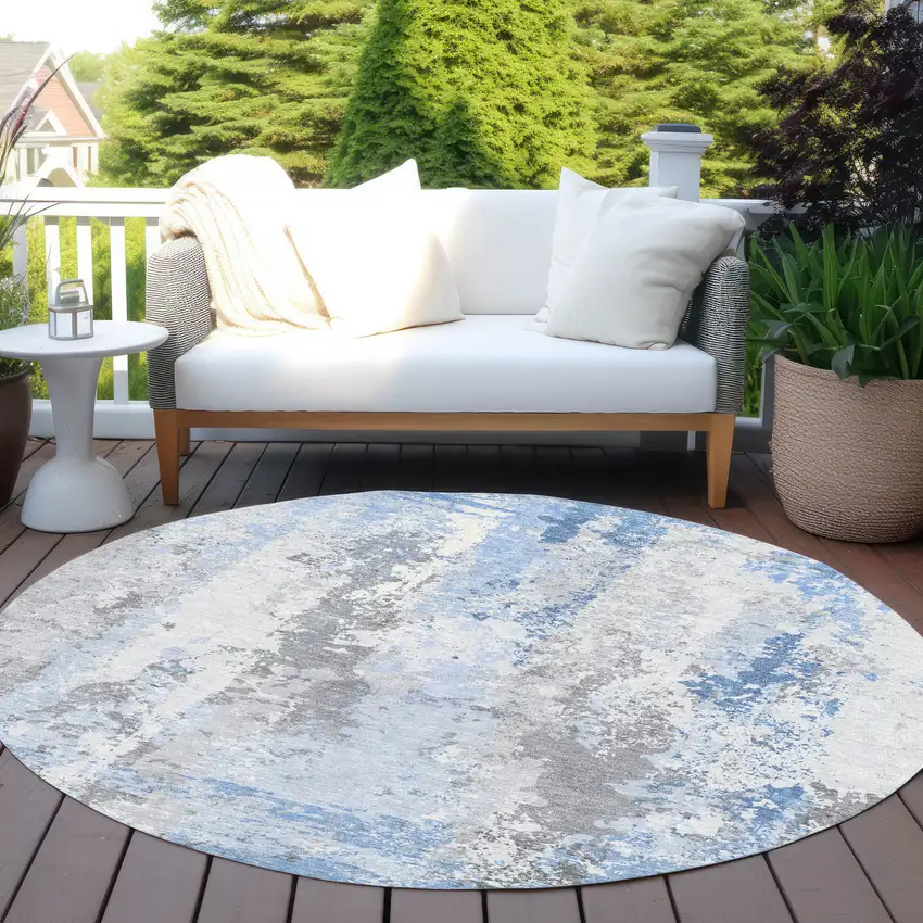8' Sky Blue And Ivory Round Abstract Washable Indoor Outdoor Area Rug Photo 5