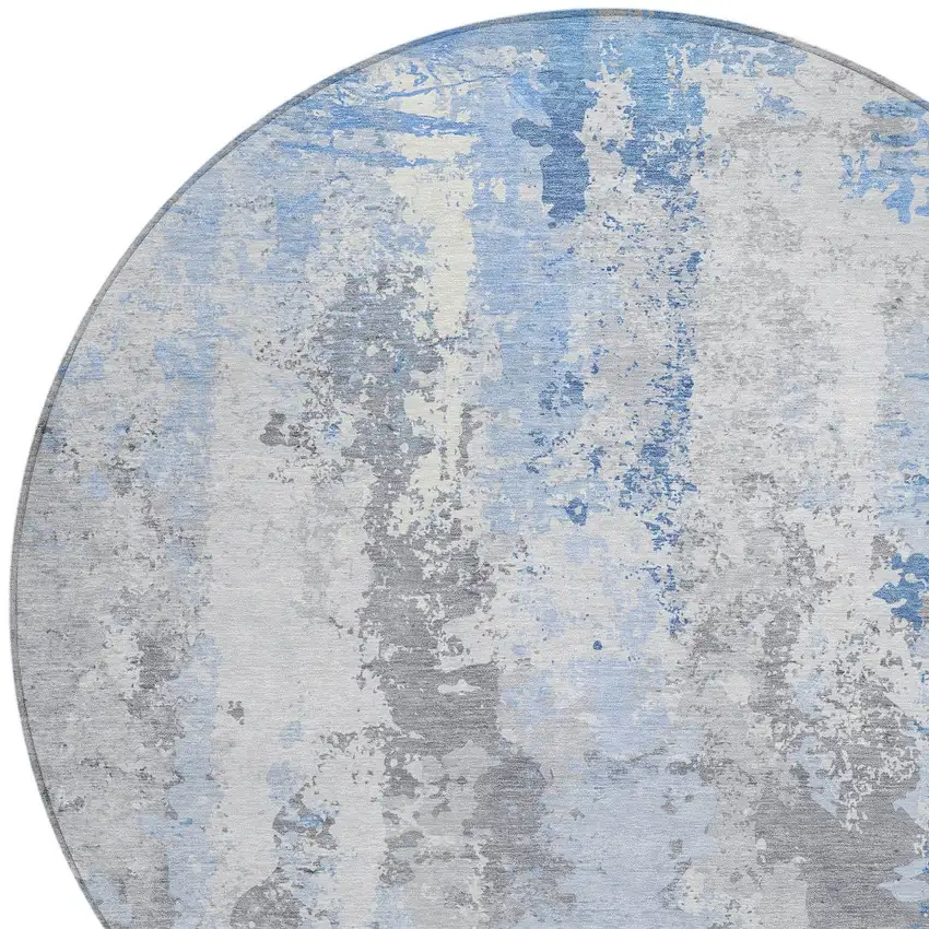 8' Sky Blue And Ivory Round Abstract Washable Indoor Outdoor Area Rug Photo 8