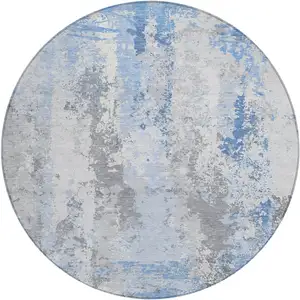 Photo of 8' Sky Blue And Ivory Round Abstract Washable Indoor Outdoor Area Rug