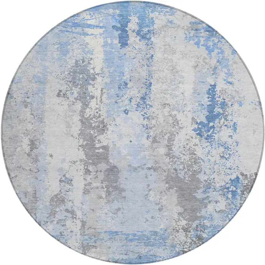 8' Sky Blue And Ivory Round Abstract Washable Indoor Outdoor Area Rug Photo 1
